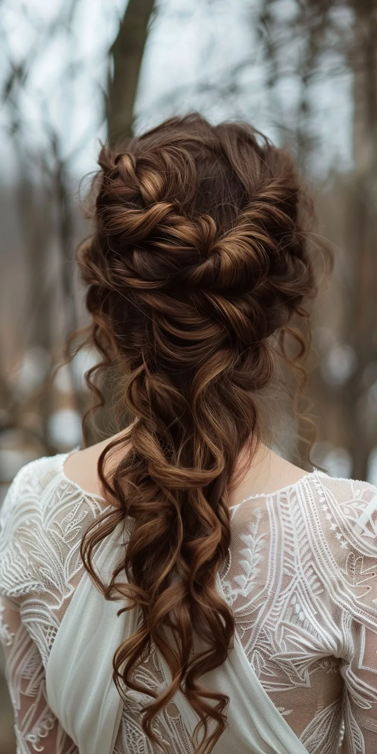 curled hair styles Updo, Braid, Milkmaid braid, French Waterfall braids