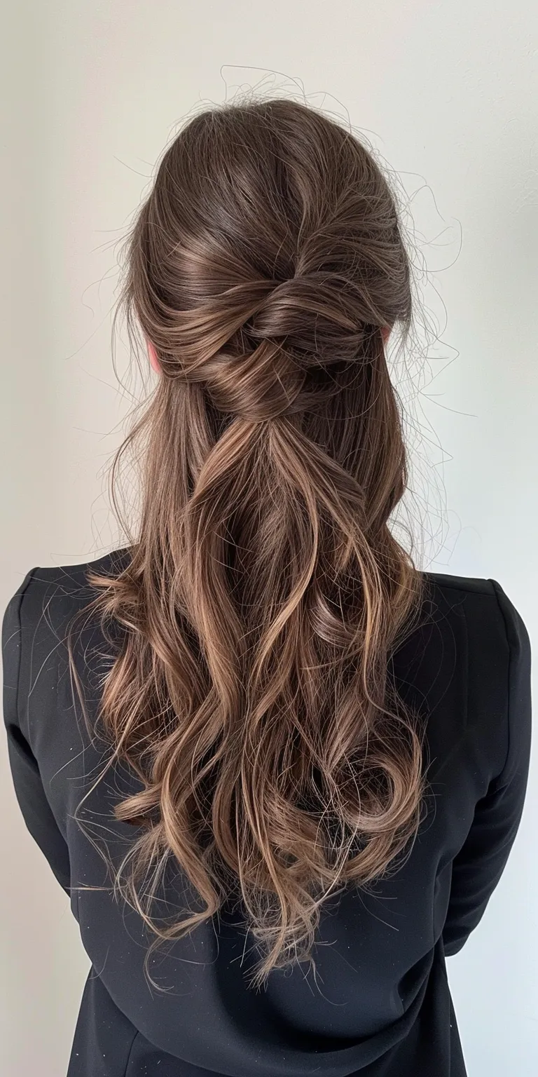 curtain bangs ponytail Updo, French twist, Layered hair, Chignon, Waterfall braids