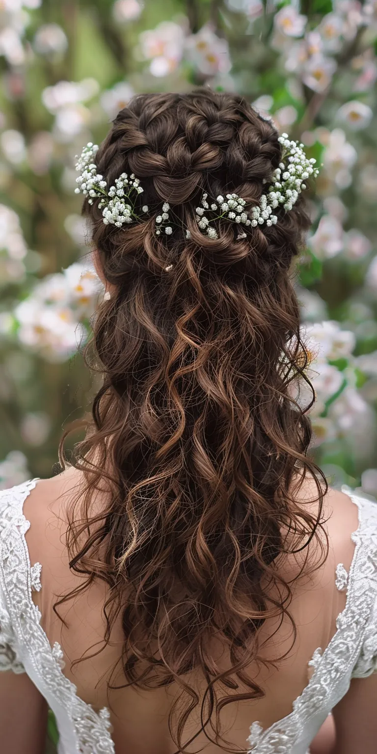 curly hair wedding styles Boho braids, Milkmaid braid, Waterfall Layered hair, Updo