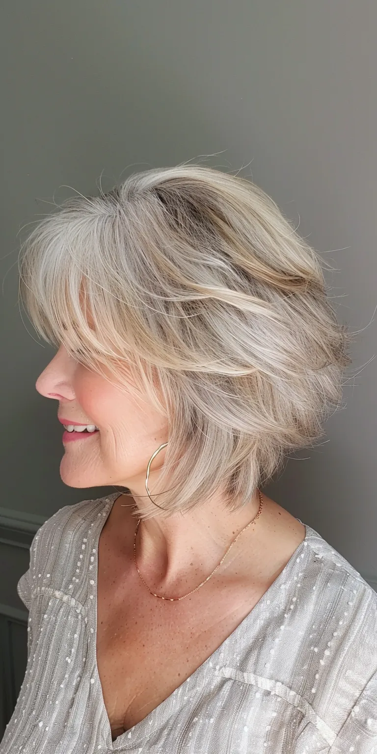 haircuts for women over 50 Layered hair, Digital perm, Asymmetric cut, Short brush Feathered hair