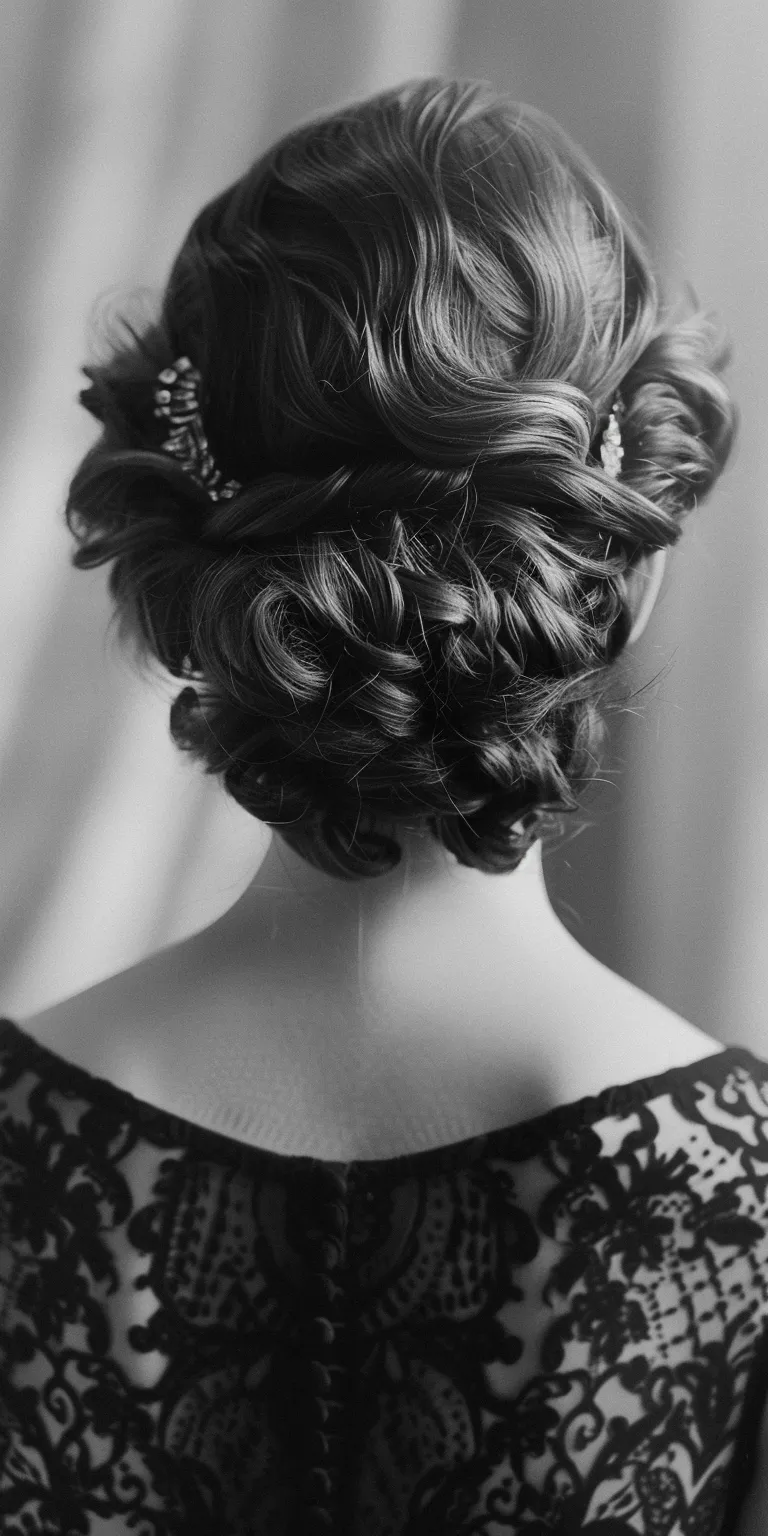 40s hairstyles Updo, Chignon, Milkmaid braid, Finger wave, French twist