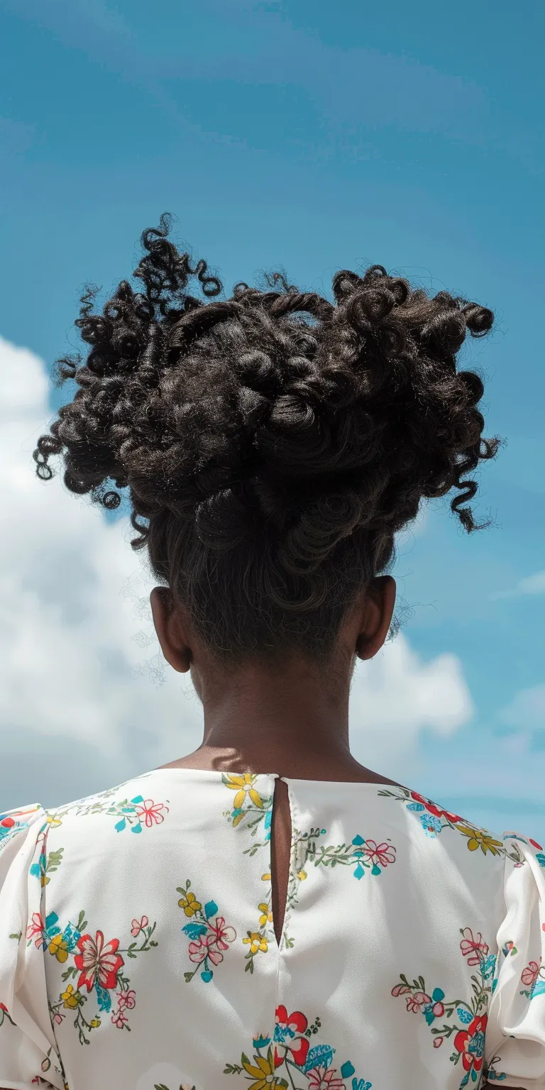 summer hairstyles Afro puffs, Kinky hair, Digital perm, Updo, Milkmaid braid