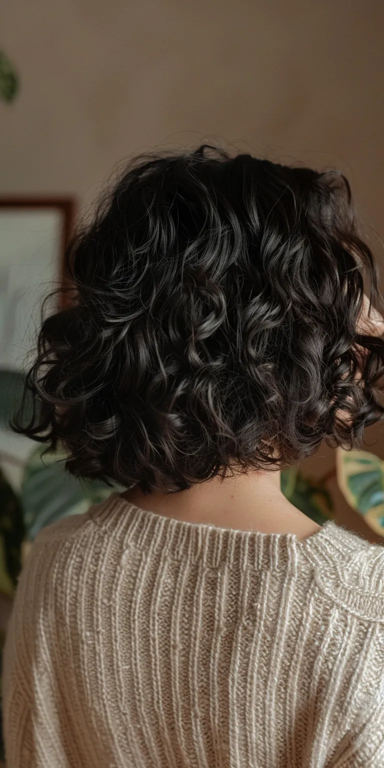 short curly bob Digital perm, Ringlets, Layered hair, Curly Asymmetric cut