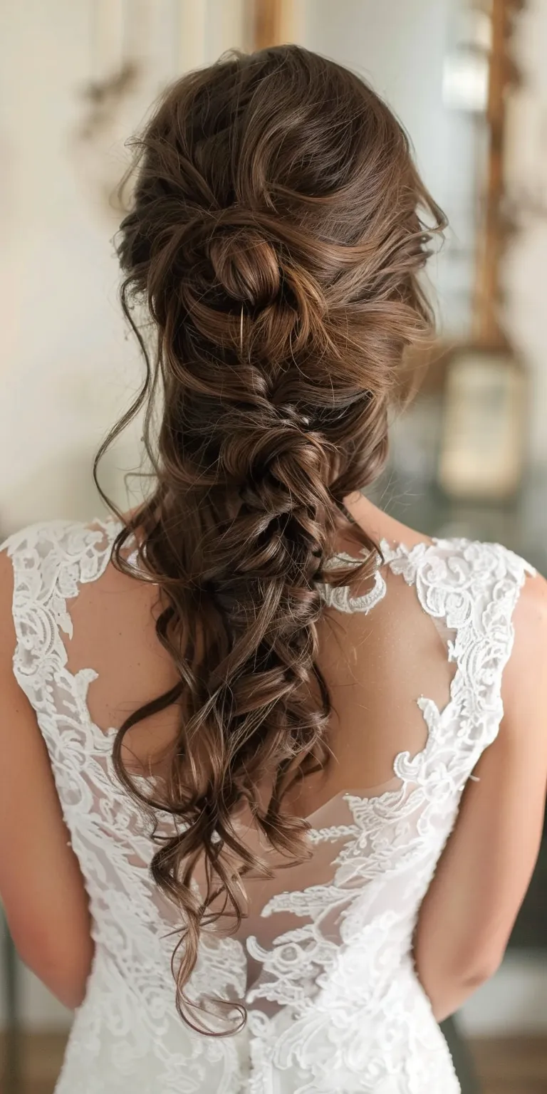 long hair wedding styles Waterfall braids, Boho Updo, French braid, Milkmaid braid