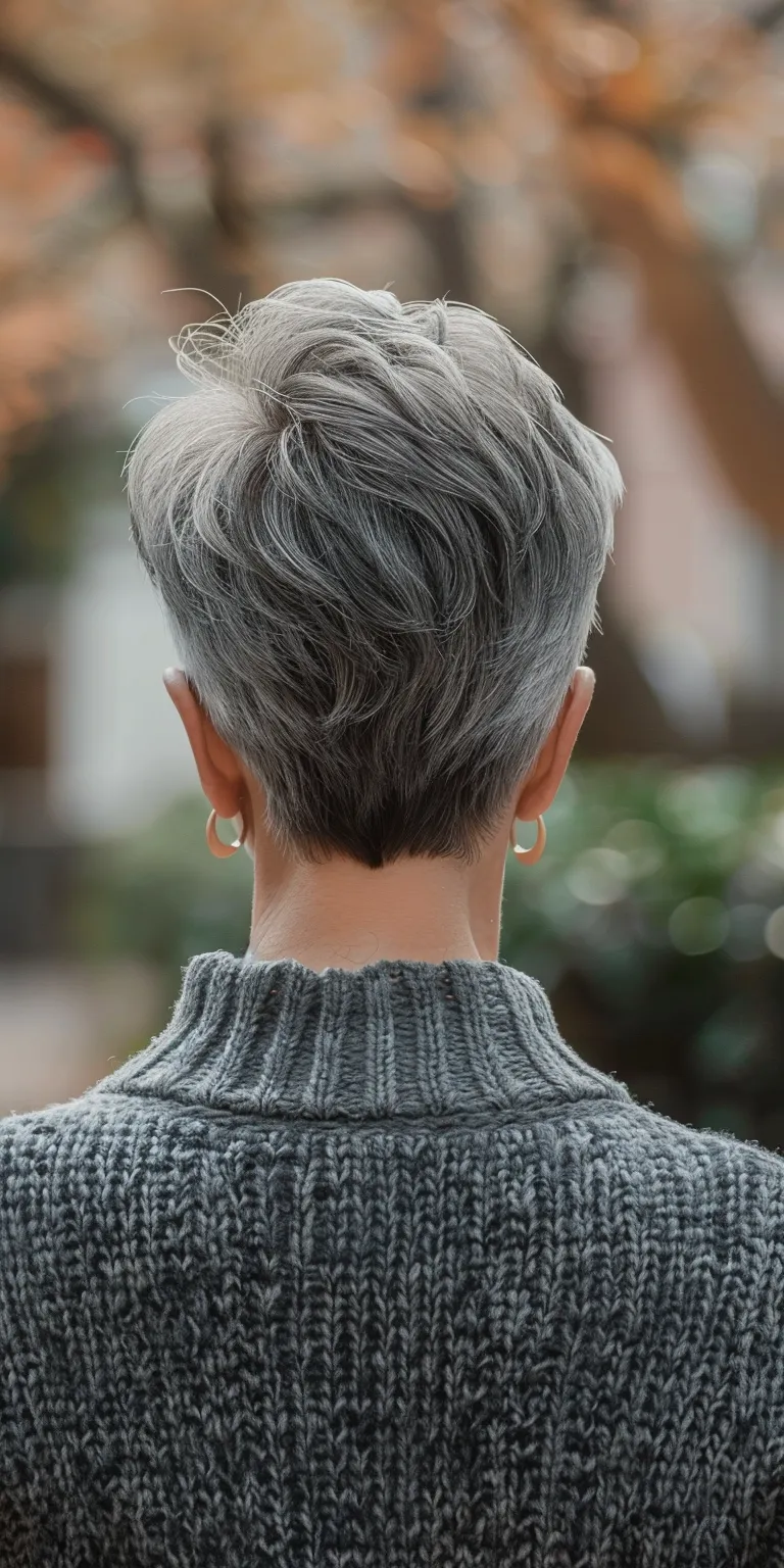 short grey hairstyles Asymmetric cut, Short brush Tonsure, Layered hair, Digital perm