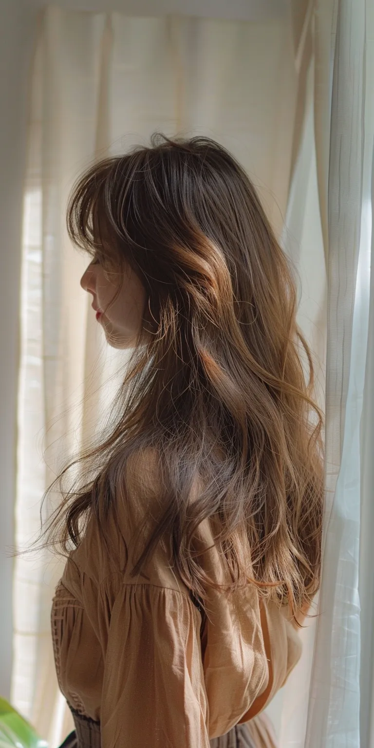 long hairstyles with bangs Layered hair, Long Curtained Asymmetric cut, Mermaid hair