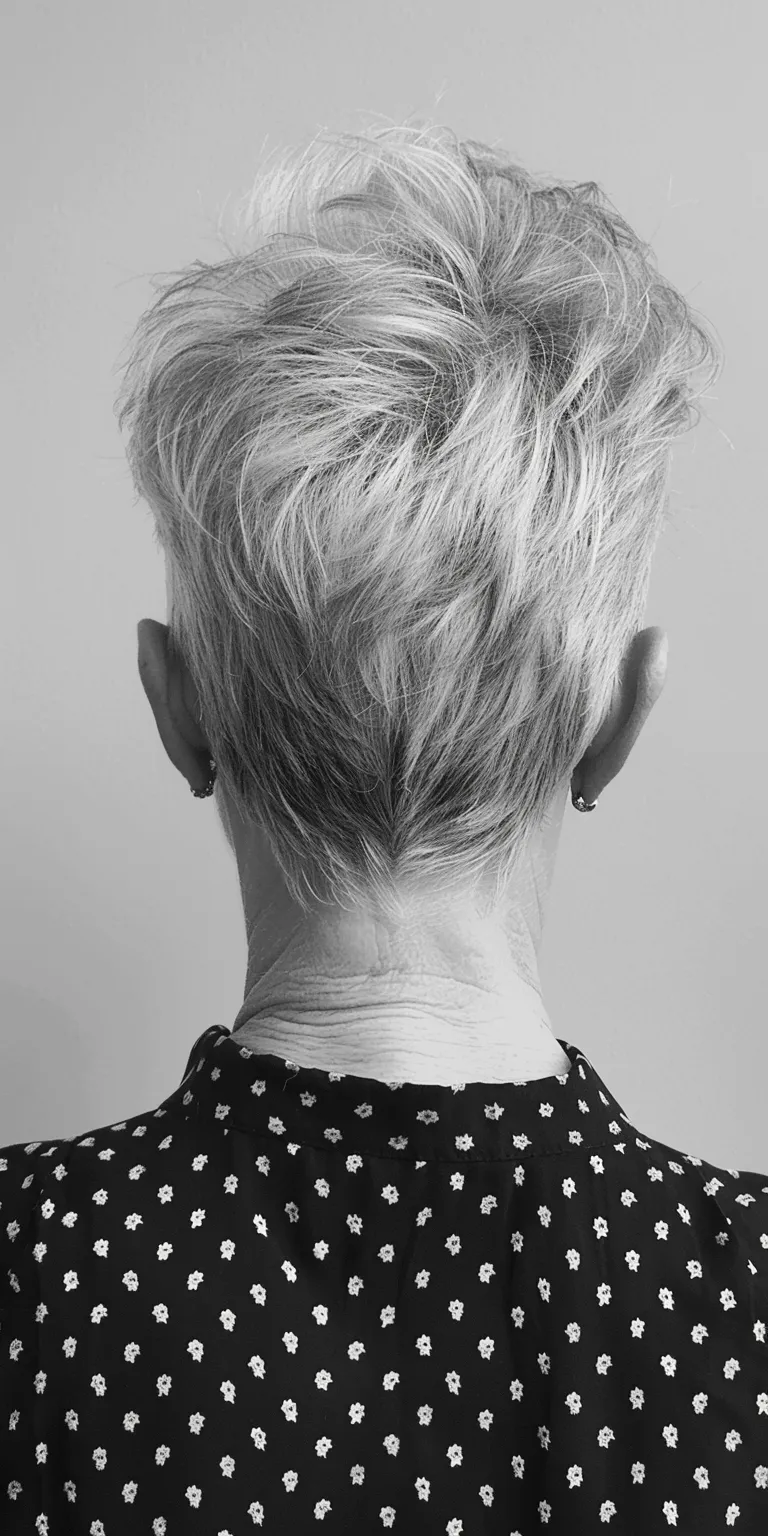 pixie cuts for women over 60 Asymmetric cut, Short brush Pompadour, back and sides, Pixie cut