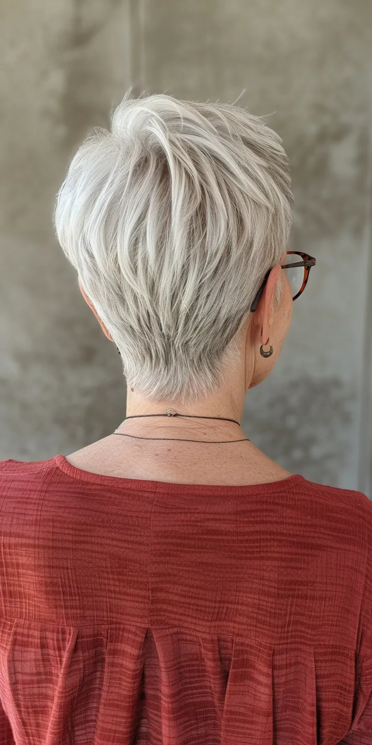 hairstyles for women over 70 Short brush cut, Asymmetric Pixie Butterfly haircut, Digital perm