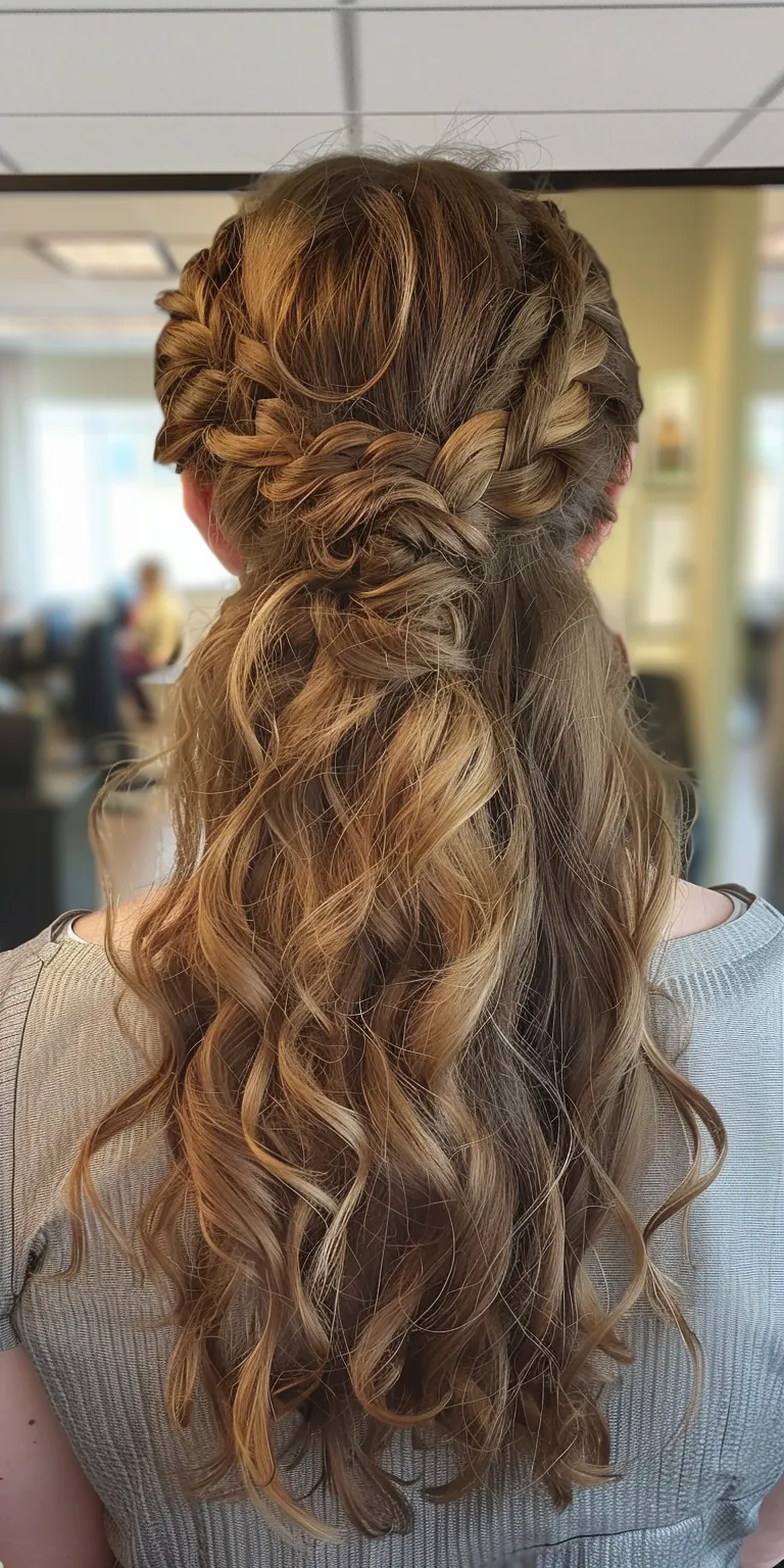 curled hair styles Waterfall braids, Boho Milkmaid braid, French Updo