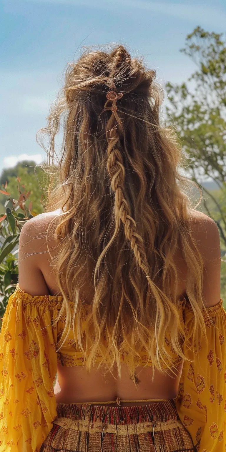 hippie hairstyles Boho braids, Waterfall Mermaid hair, Layered Long hair