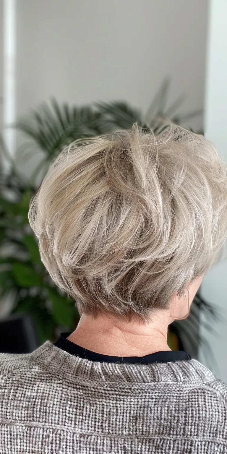 hairstyles for older women Asymmetric cut, Digital perm, Short brush Layered hair, Professional cut