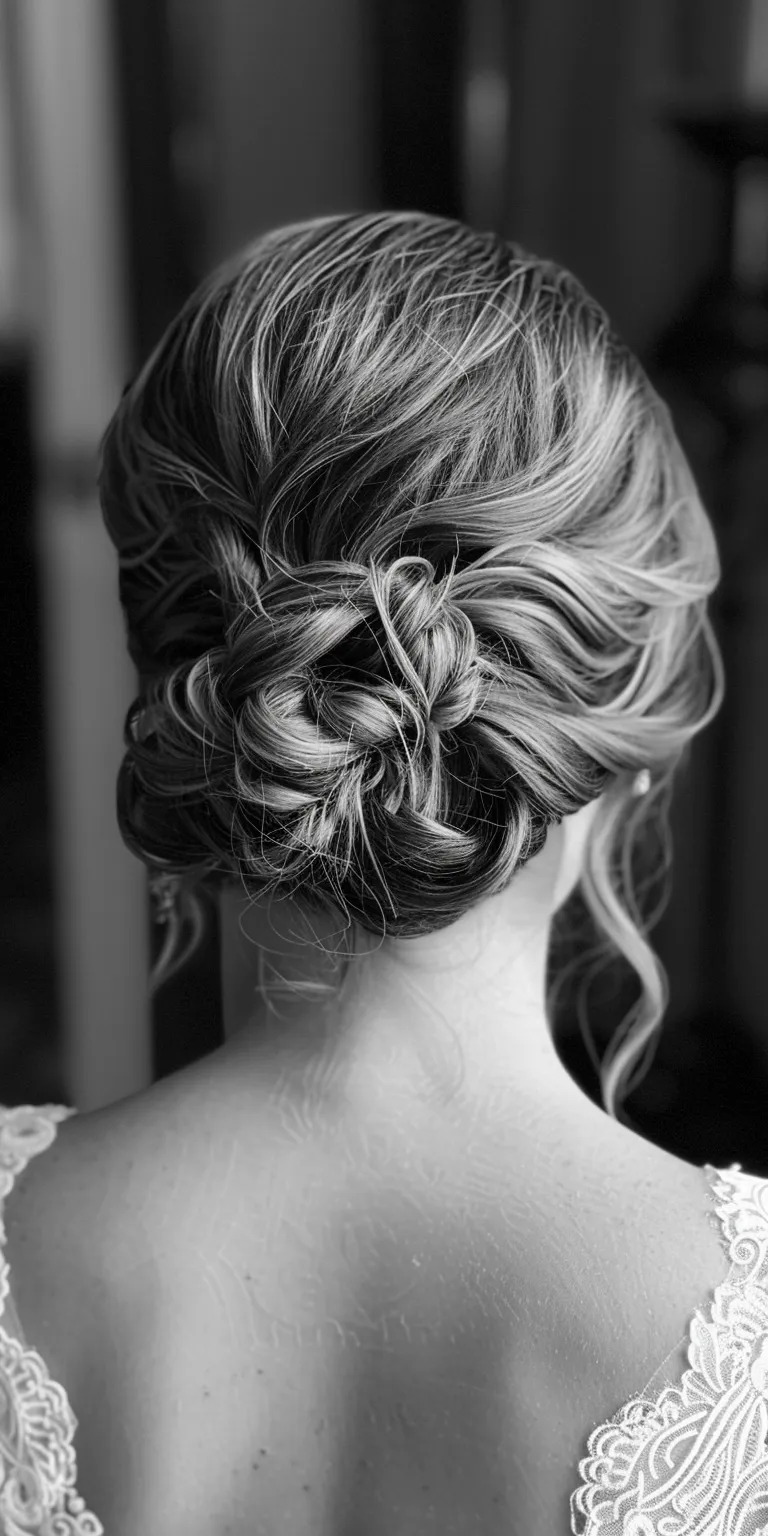 wedding hair styles Chignon, Updo, Milkmaid braid, French twist, Waterfall braids