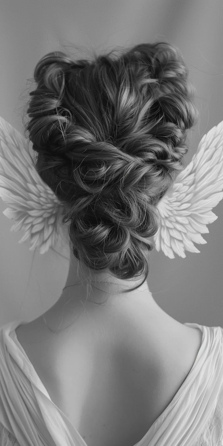 wings hairstyle Chignon, Feathered hair, Updo, Butterfly haircut, Milkmaid braid