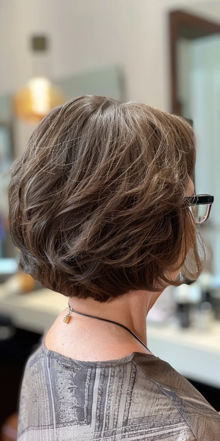 hairstyles for over 50 with glasses Asymmetric cut, Short brush Digital perm, Bob Professional cut