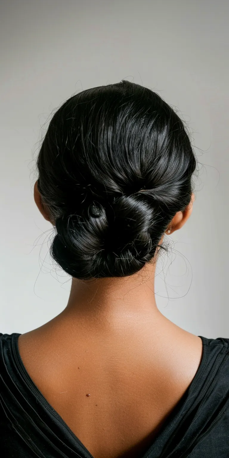 black hair styles Chignon, French twist, Updo, Milkmaid braid, braid