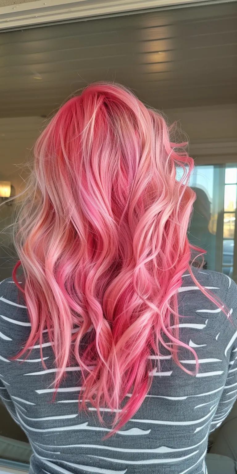 pink hair styles Mermaid hair, Digital perm, Layered Kiss curl, Waterfall braids