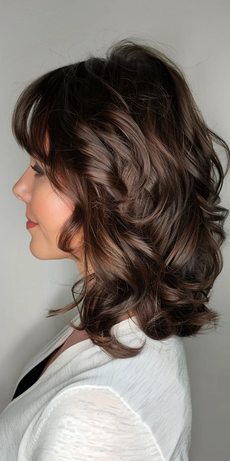 shoulder length hairstyles with bangs Layered hair, Asymmetric cut, Digital perm, Kiss curl, Updo