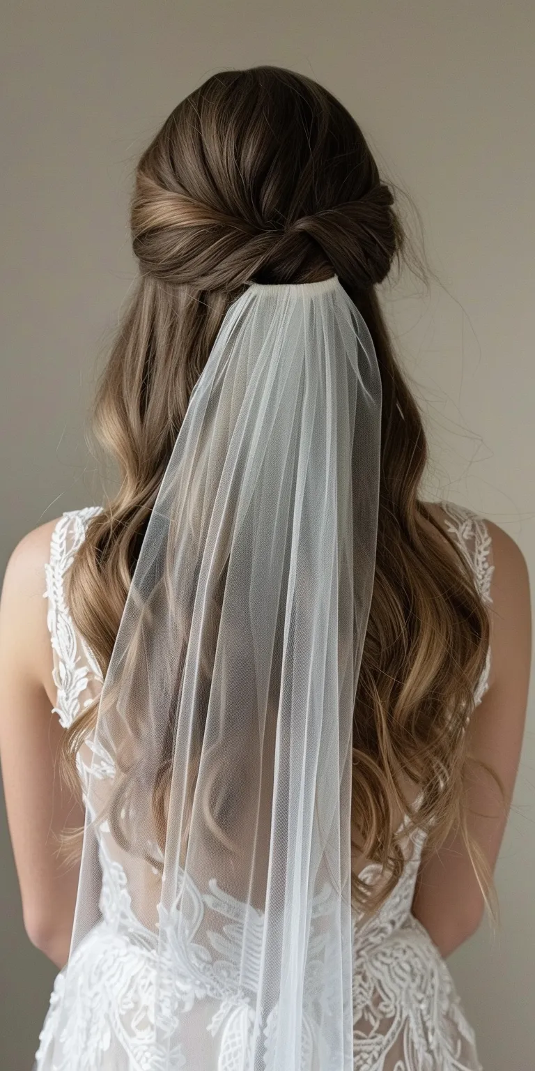 long hair wedding styles Layered hair, Curtained Milkmaid braid, Feathered Updo