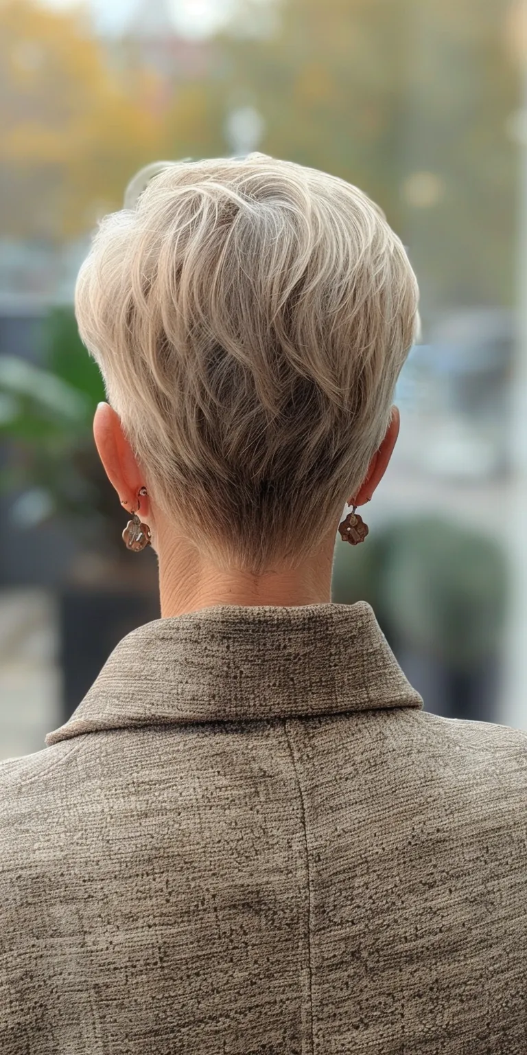 pixie cuts for women over 60 Short brush cut, Asymmetric Pixie Pompadour, back and sides