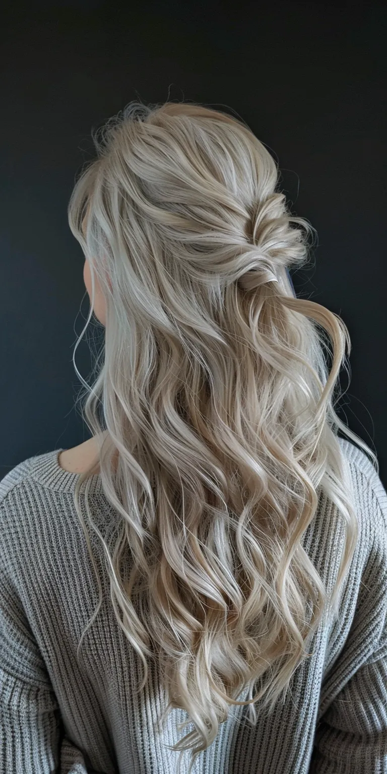 long hairstyles with bangs Waterfall braids, Boho Updo, Layered hair, Mermaid hair