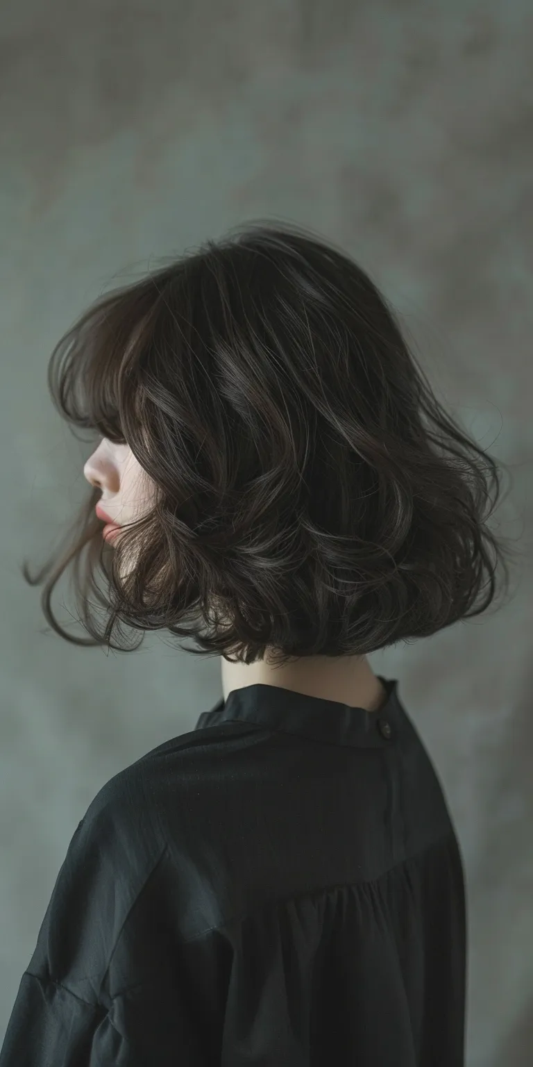 medium length haircuts Asymmetric cut, Japanese women's hairstyles, Layered hair, Digital perm, Bob cut