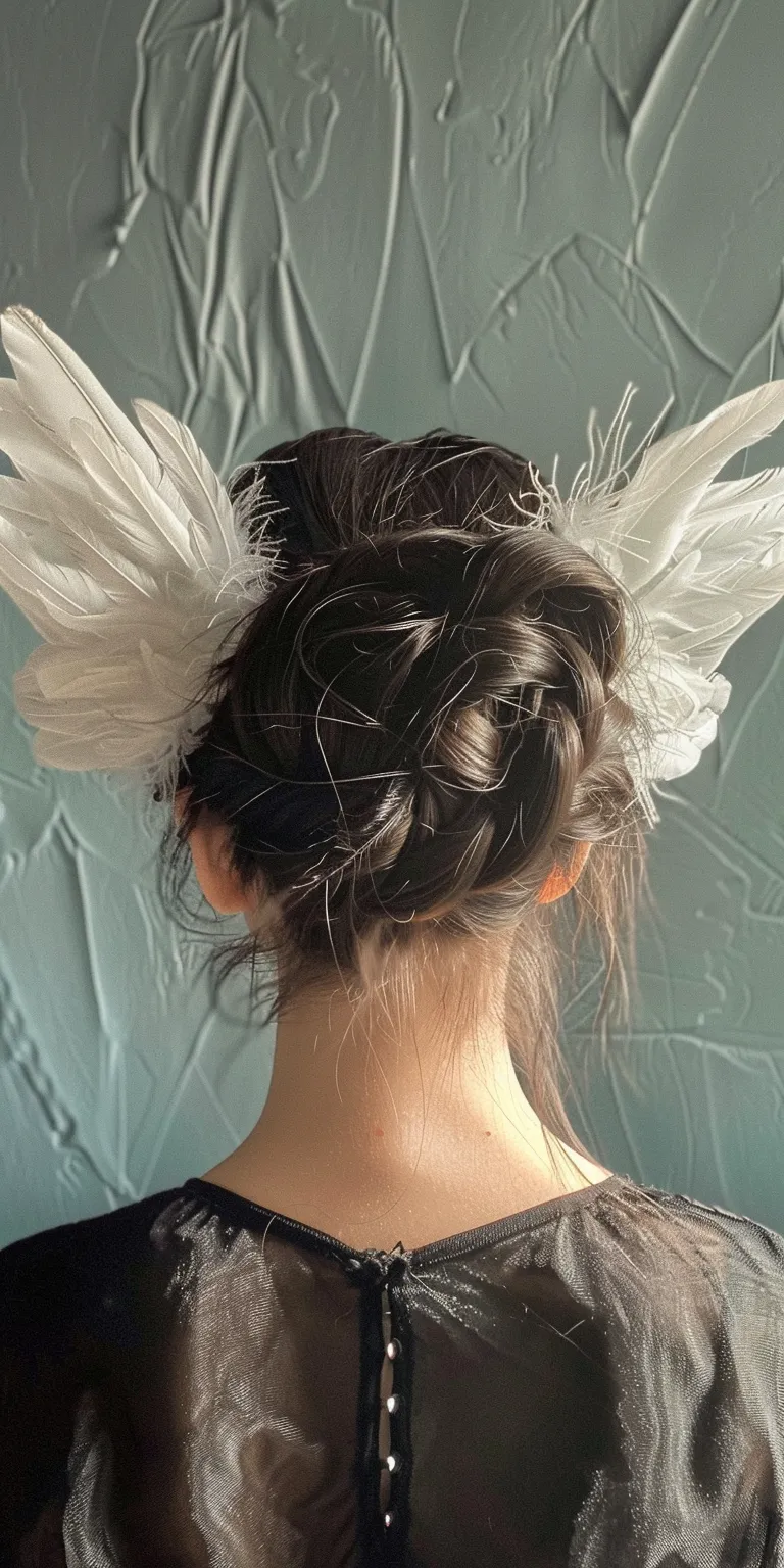 wings hairstyle Updo, Ballerina bun, Feathered hair, Chignon, Milkmaid braid