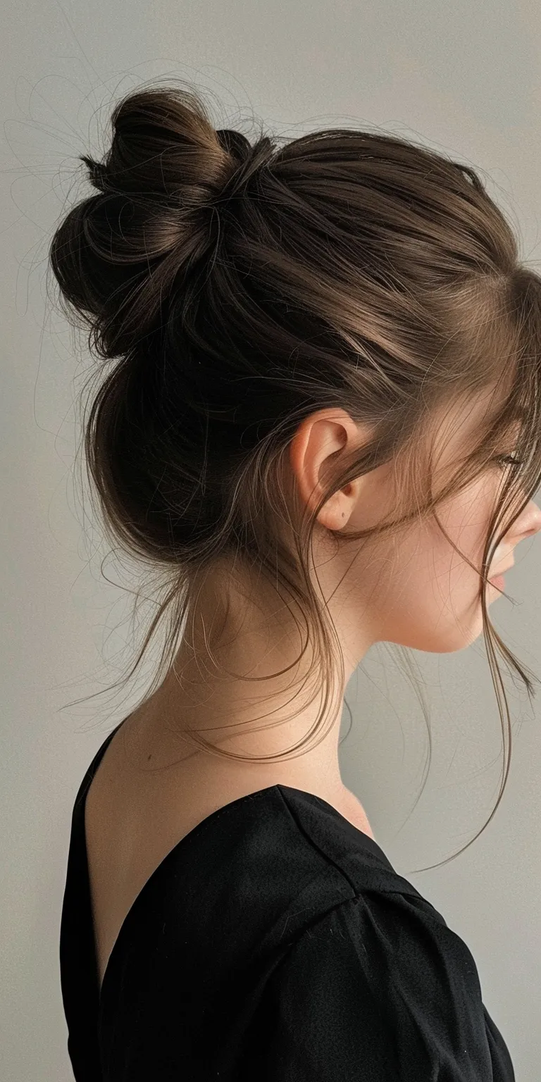 side bun hairstyle Chignon, Ponytail, Updo, Layered hair, Japanese women's hairstyles