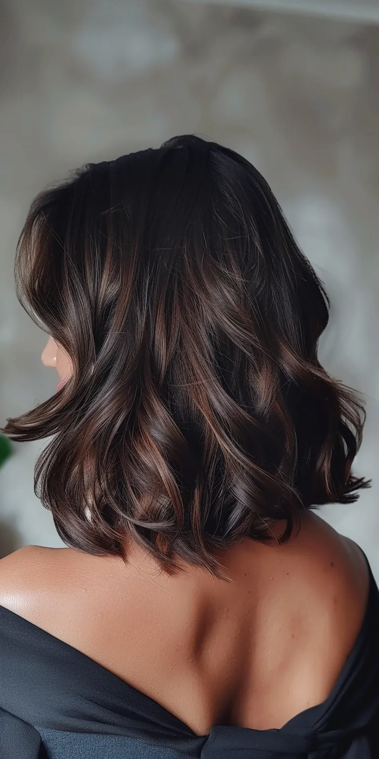 shoulder length hair styles Bob cut, Asymmetric Layered hair, Kiss curl, Chignon