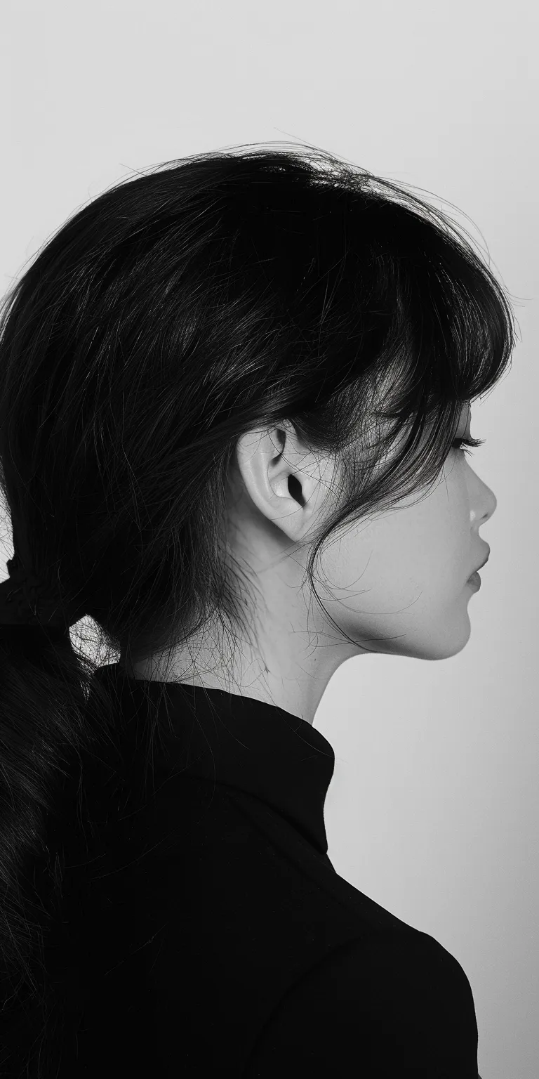 side bangs hairstyle Japanese women's hairstyles, Asymmetric cut, Layered hair, Ponytail, Chignon