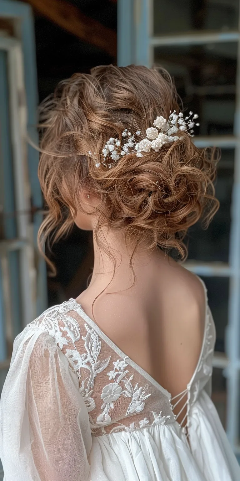 curly hair wedding styles Updo, Milkmaid braid, Chignon, Layered hair, Ballerina bun