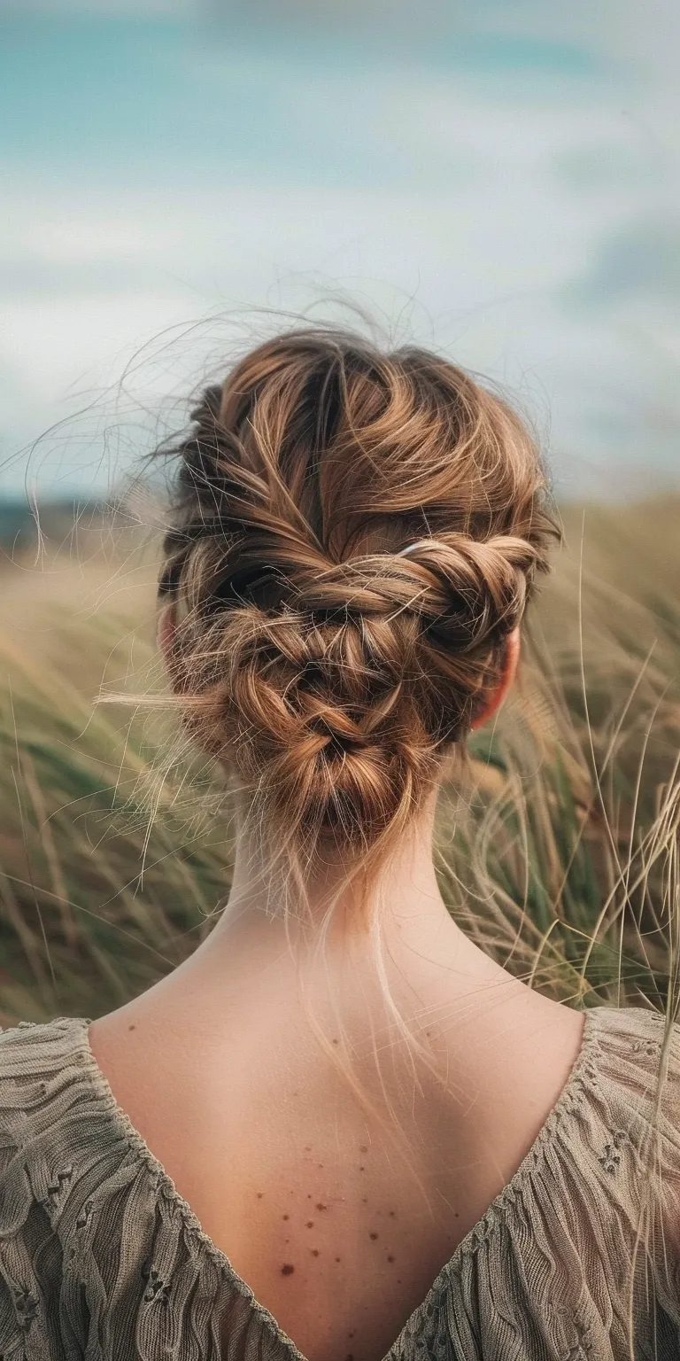 round face shape hairstyles Updo, French twist, Chignon, Milkmaid braid, Boho braids