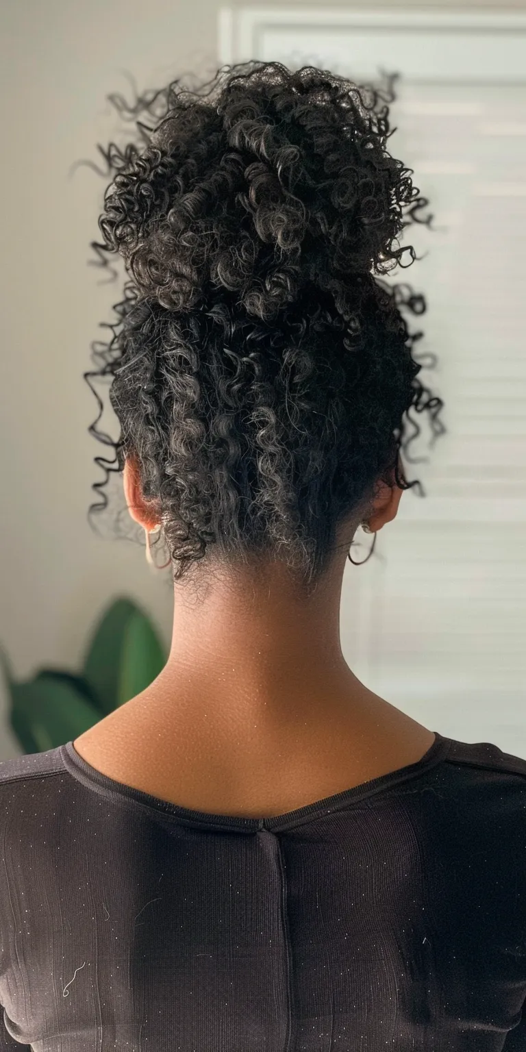 curly ponytail hairstyles Digital perm, Short brush cut, French twist, Afro puffs, Asymmetric cut