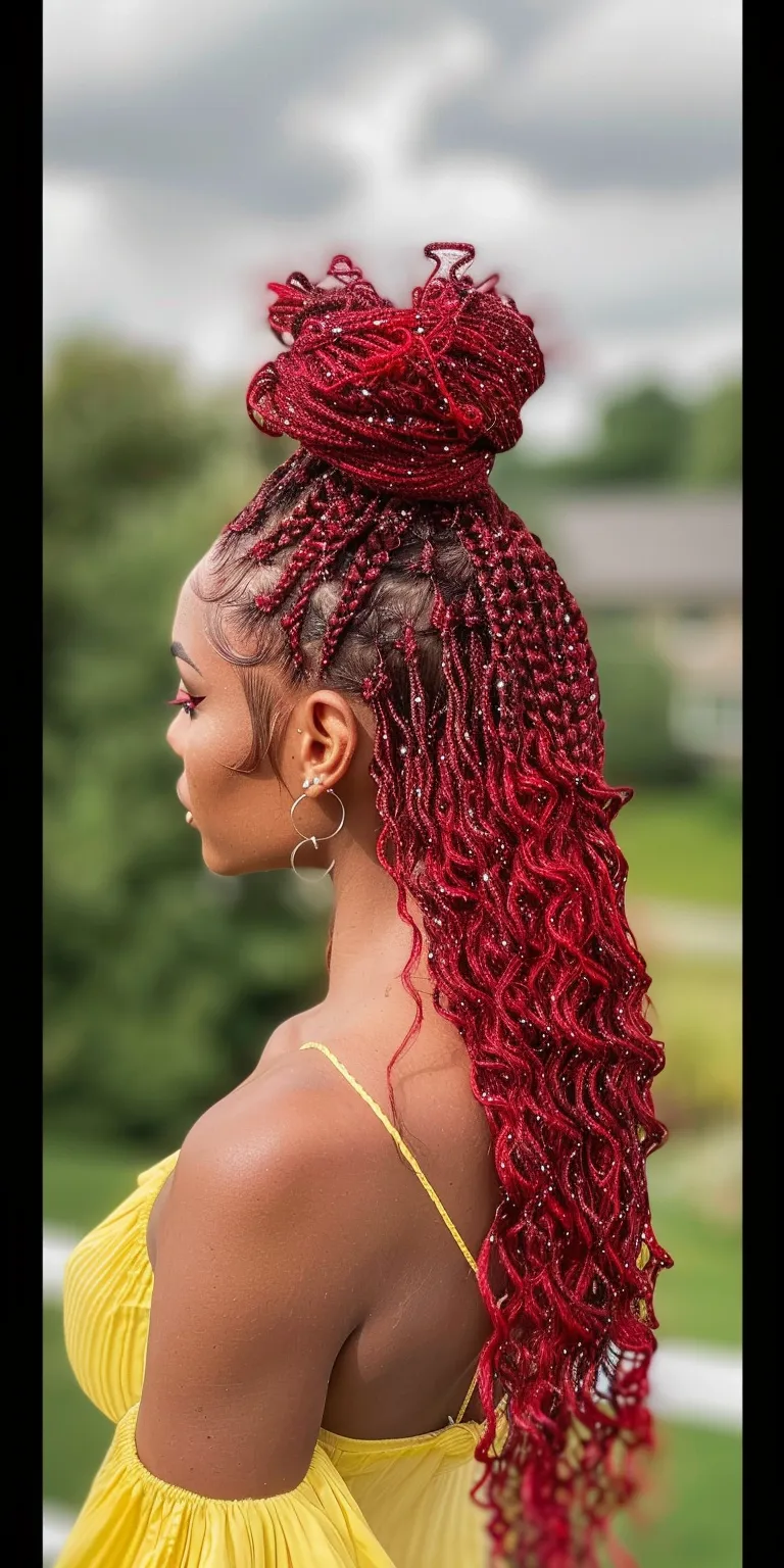 red knotless braids Crochet braids, Hair twists, Waterfall French twist, Boho