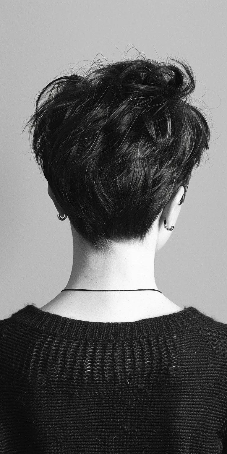 pixie hair styles Asymmetric cut, Short brush Pixie Chignon, back and sides