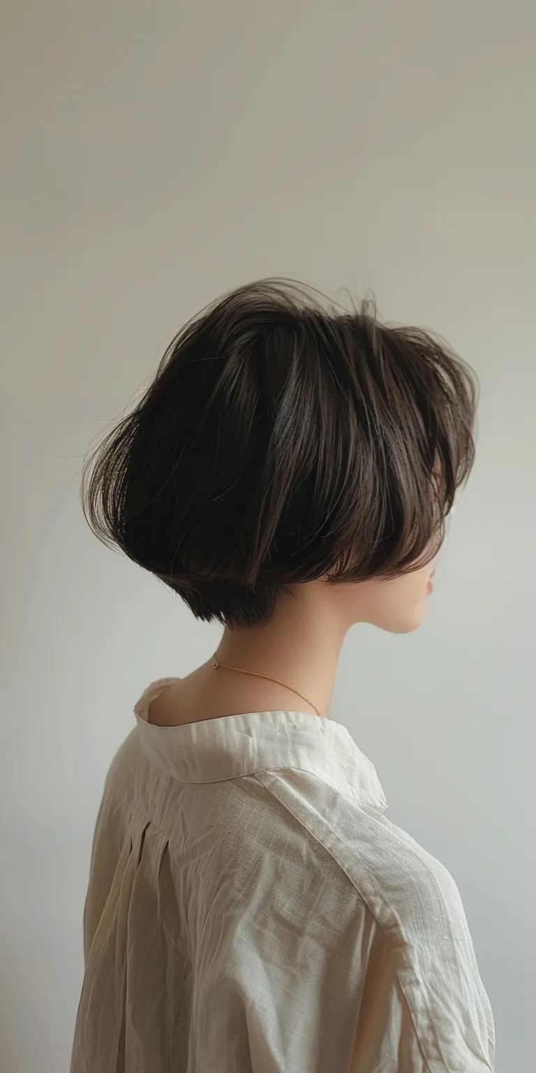 korean short hairstyle Japanese women's hairstyles, Asymmetric cut, Chignon, Layered hair, Updo