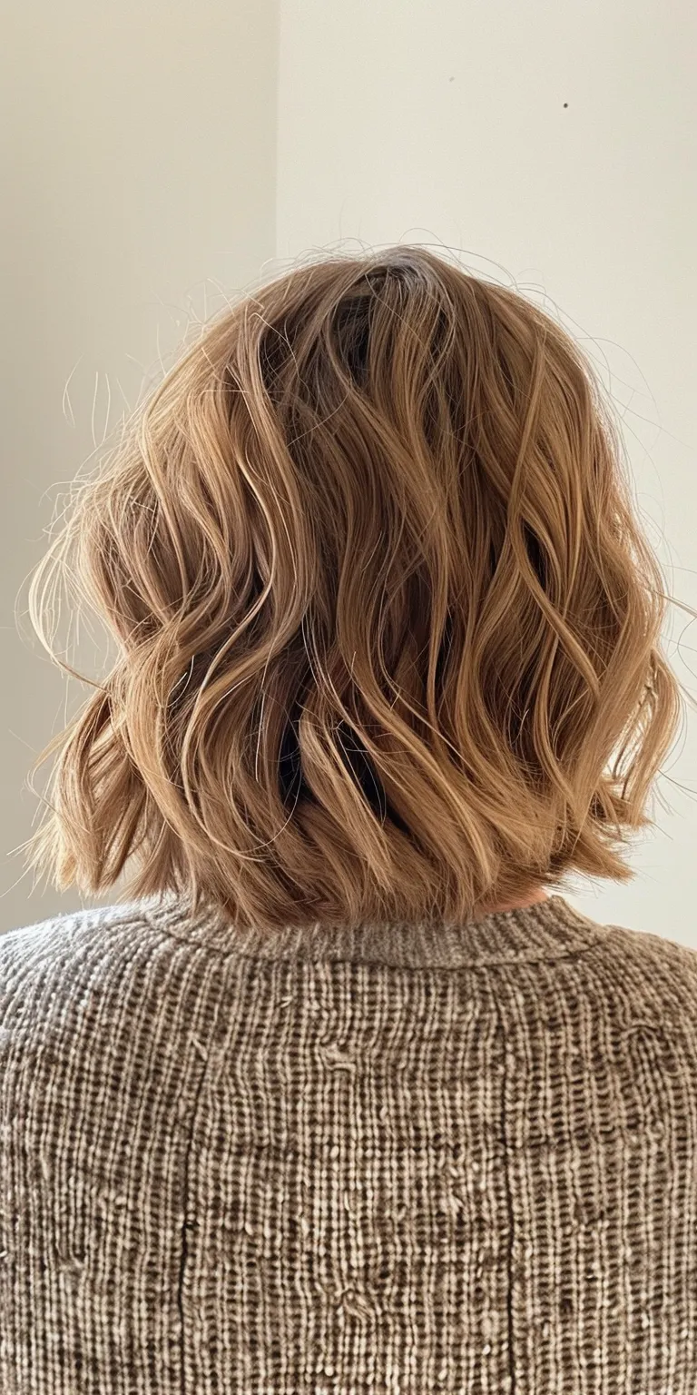 wavy lob Layered hair, Digital perm, Asymmetric cut, Short brush Bob cut