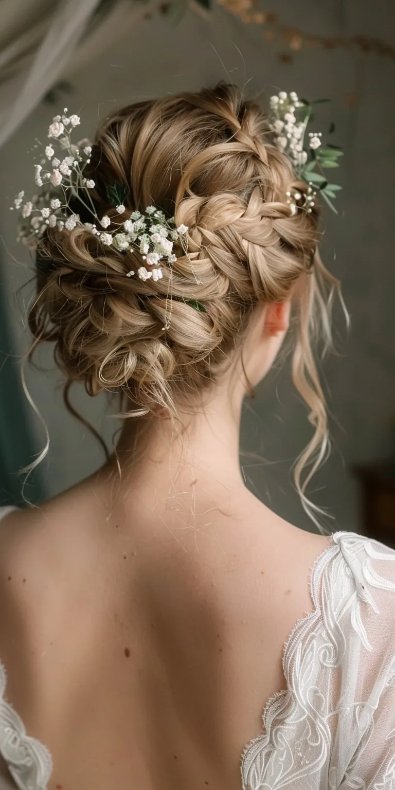 wedding hairstyles Milkmaid braid, Updo, Waterfall braids, Boho Chignon