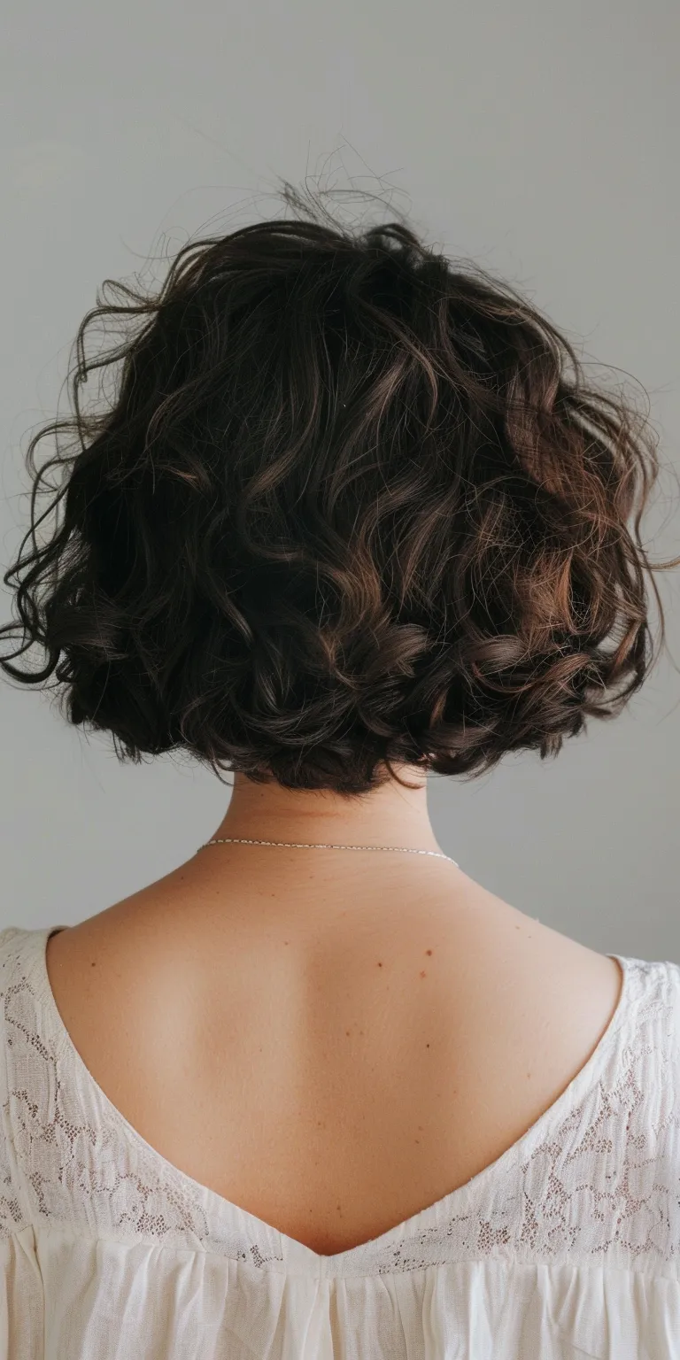 short curly bob Digital perm, Asymmetric cut, Layered hair, Ringlets, Milkmaid braid