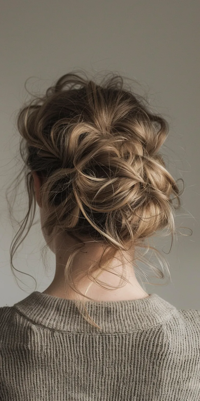 messy bun hairstyles Chignon, Updo, Milkmaid braid, Layered hair, French twist