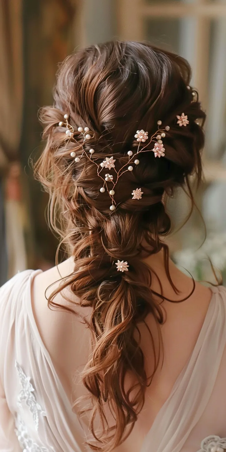 bridesmaid hairstyles for long hair Boho braids, Updo, Milkmaid braid, Waterfall Chignon