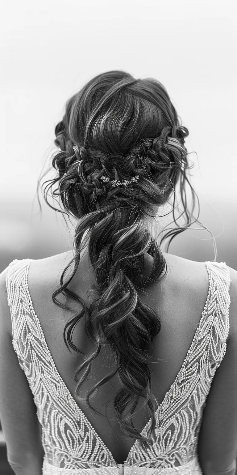 long hair wedding styles Boho braids, Waterfall Updo, Chignon, Milkmaid braid