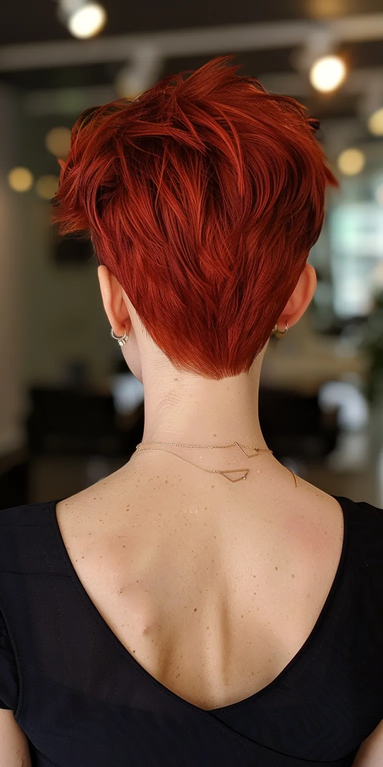 short red hair styles Asymmetric cut, Butterfly haircut, Short brush Pixie Professional cut