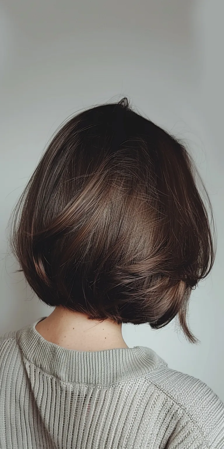 chin length hairstyles Asymmetric cut, Layered hair, Chignon, Japanese women's hairstyles, Bob cut