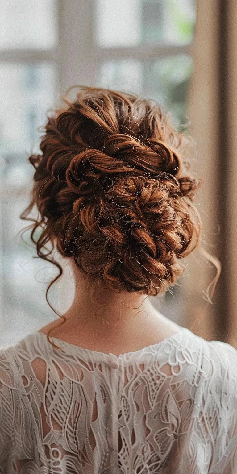 curled hair styles Updo, Milkmaid braid, Chignon, Waterfall braids, French twist