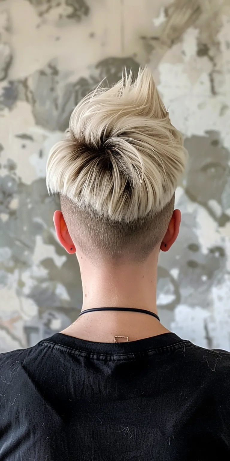 high fade hairstyle Asymmetric cut, Short brush Mohawk, back and sides, Pompadour