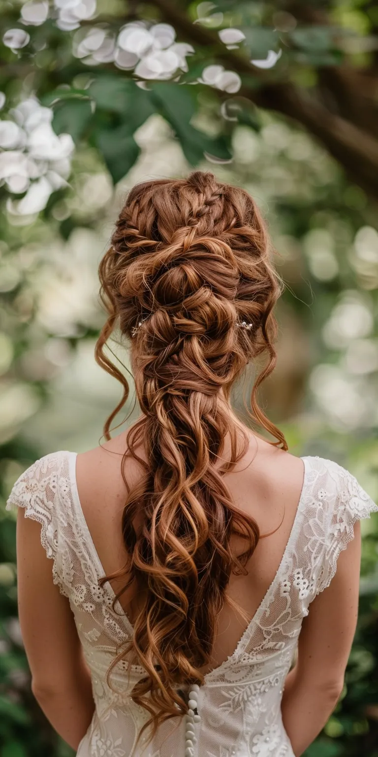 curly ponytail hairstyles Waterfall braids, Updo, Boho Braid, Milkmaid braid