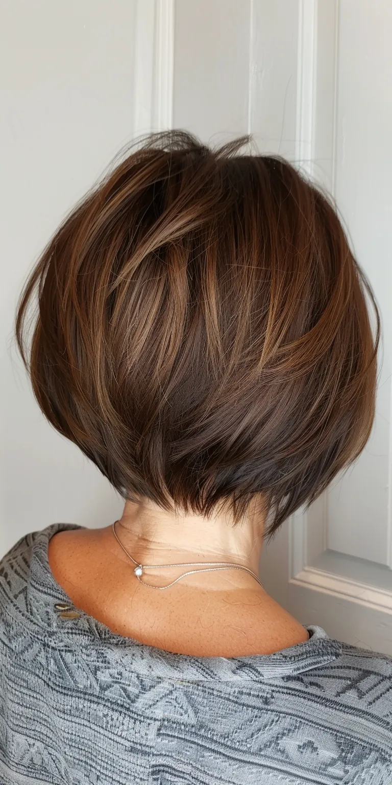 stacked bob haircuts Asymmetric cut, Layered hair, Chignon, French twist, Short brush cut