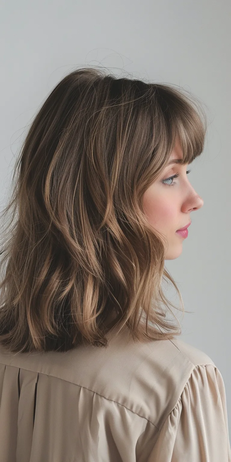 medium length hairstyles for thin hair Layered hair, Asymmetric cut, Digital perm, Bangs, Fringe