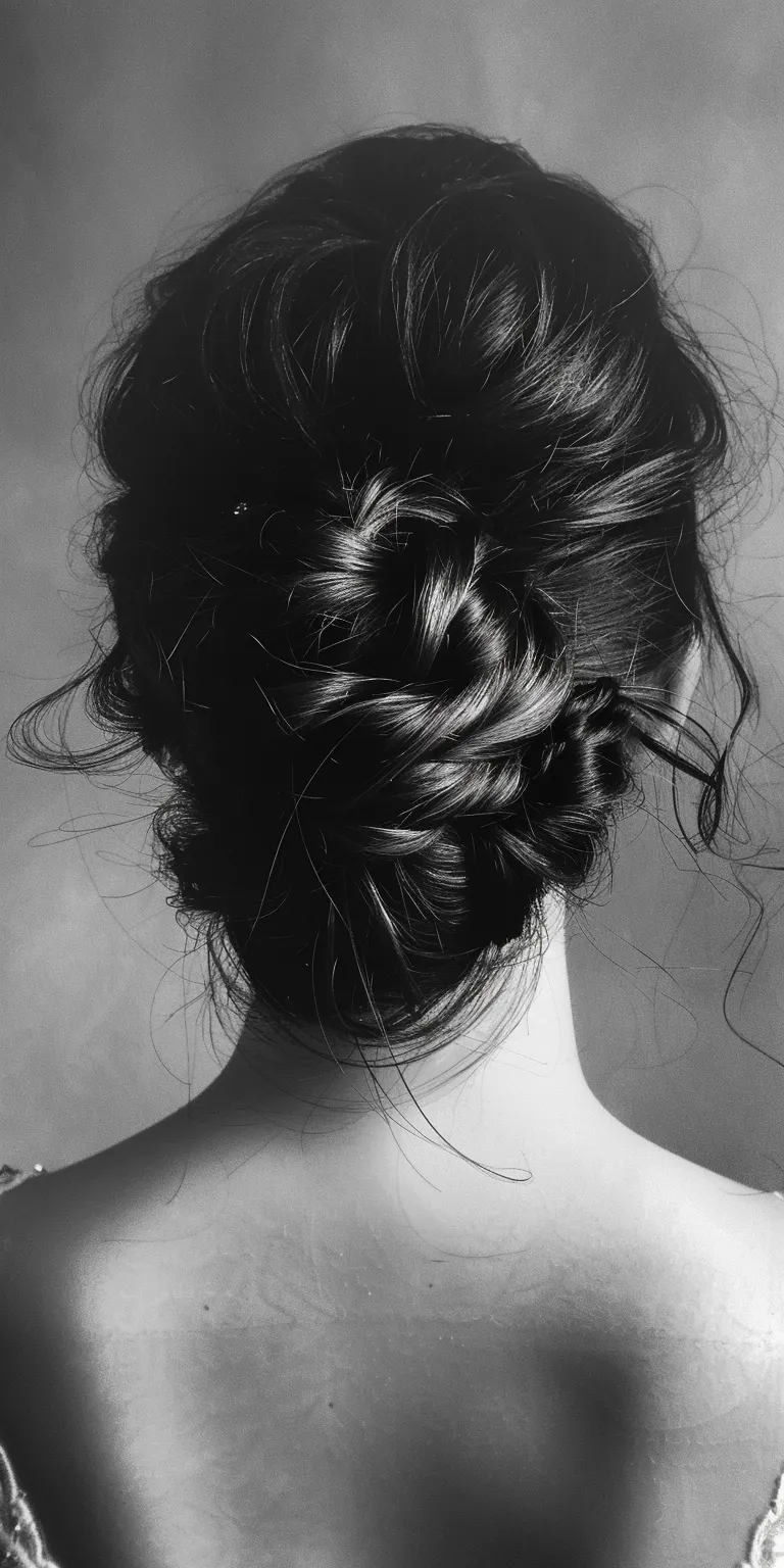 bridal bun hairstyle French braid, Chignon, Milkmaid Updo, Waterfall braids