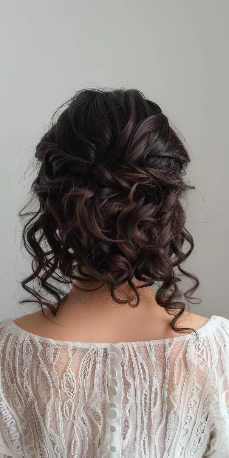 curled hair styles Updo, Waterfall braids, Milkmaid braid, Digital perm, Chignon